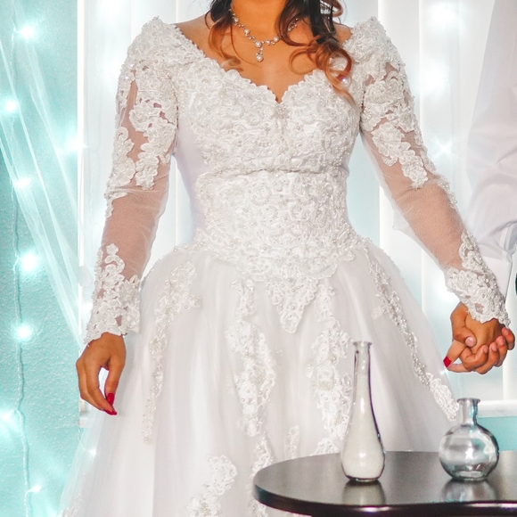 Morilee Beaded off-the-shoulder long sleeve Wedding dress